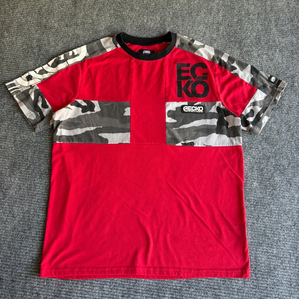 Ecko Unltd Mens Red Camo Colorblock Graphic T-Shirt Size M Streetwear Y2K Rhino